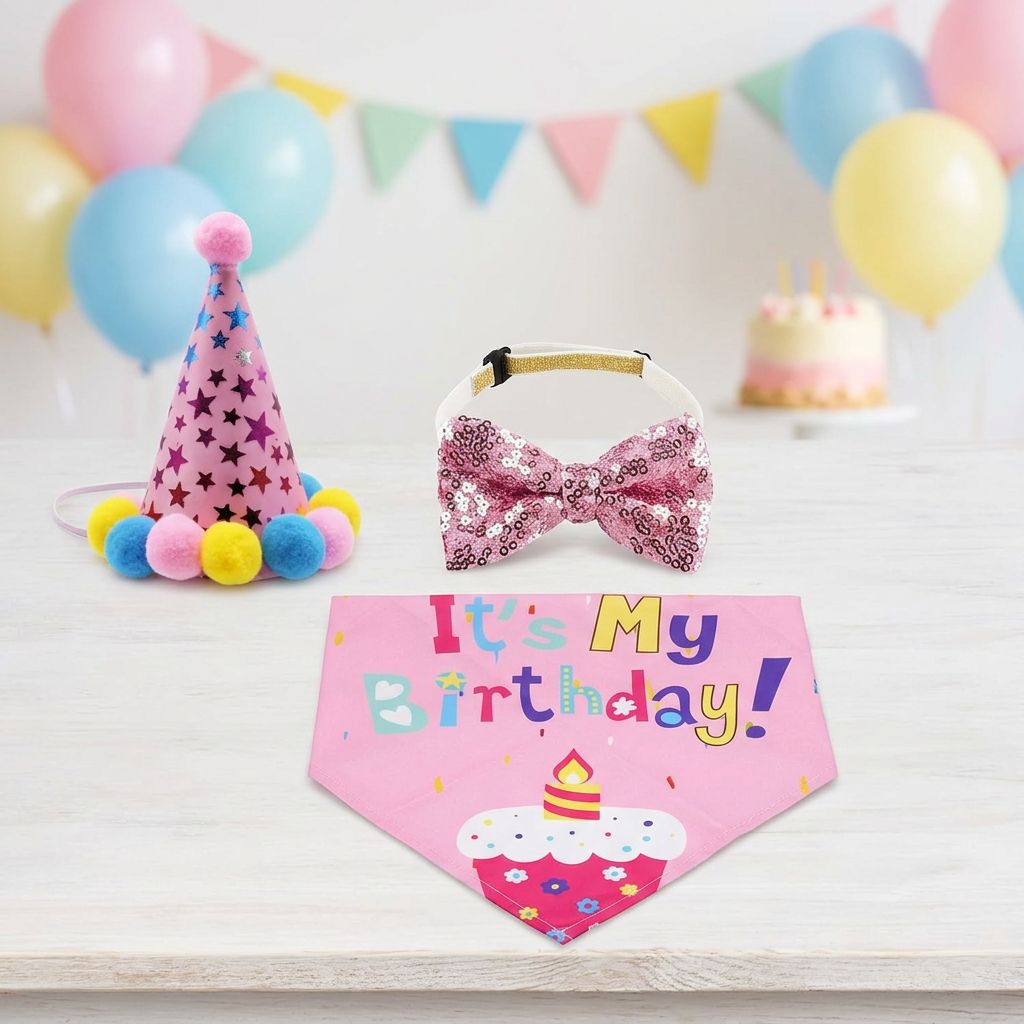Dog Birthday Outfit Set for Dogs & Cats – Hat, Bandana & Bow Tie