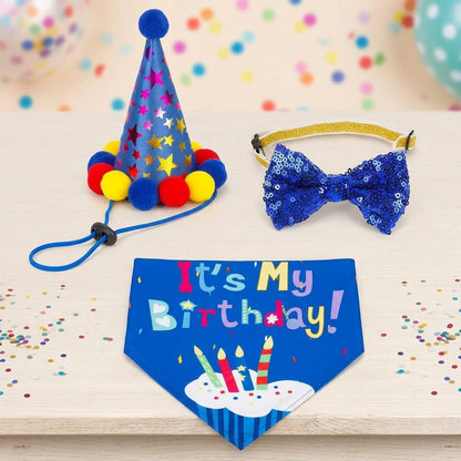 Dog Birthday Outfit Set for Dogs & Cats – Hat, Bandana & Bow Tie