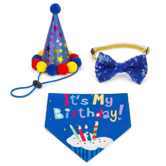 Dog Birthday Outfit Set for Dogs & Cats – Hat, Bandana & Bow Tie